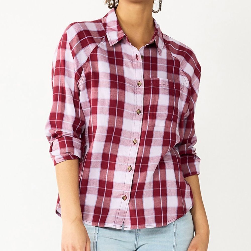 New! SO‎ Long Sleeve Button-Up Juniors Size XL Plaid Shirt Blouse Lilac NWT